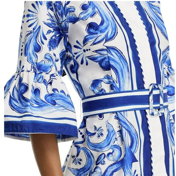 FARM Rio Garden Tiles Bell Sleeve Mini Dress Blue White Sz Large New - Picture 4 of 11